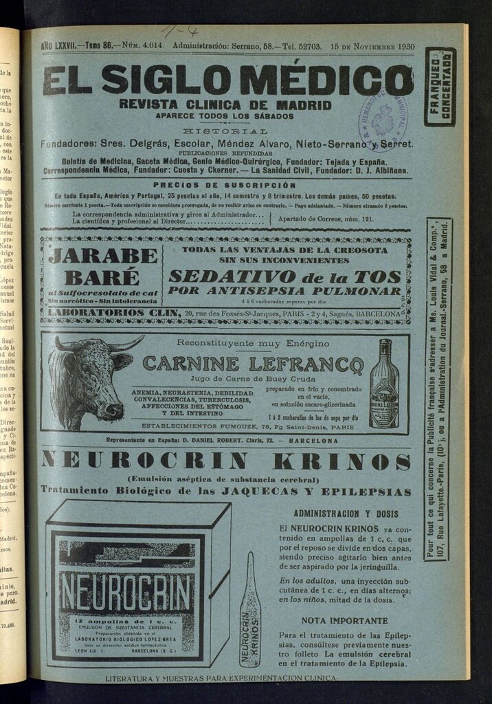 Miniatura de El Siglo Médico : boletín de medicina y gaceta médica del 15 de noviembre de 1930