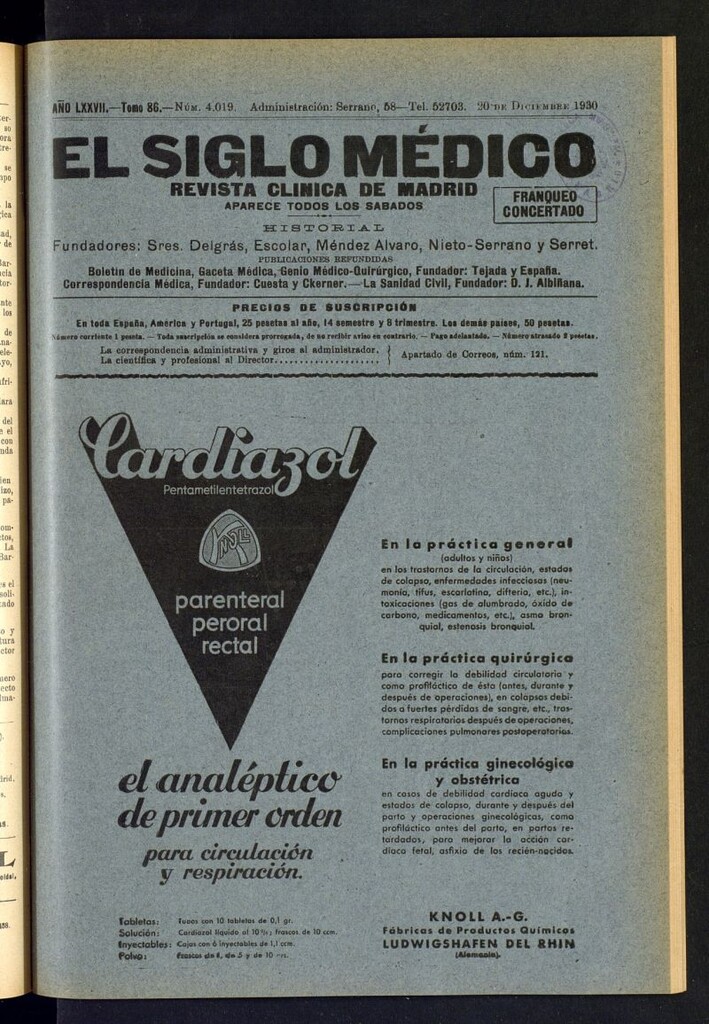 Miniatura de El Siglo Médico : boletín de medicina y gaceta médica del 20 de diciembre de 1930