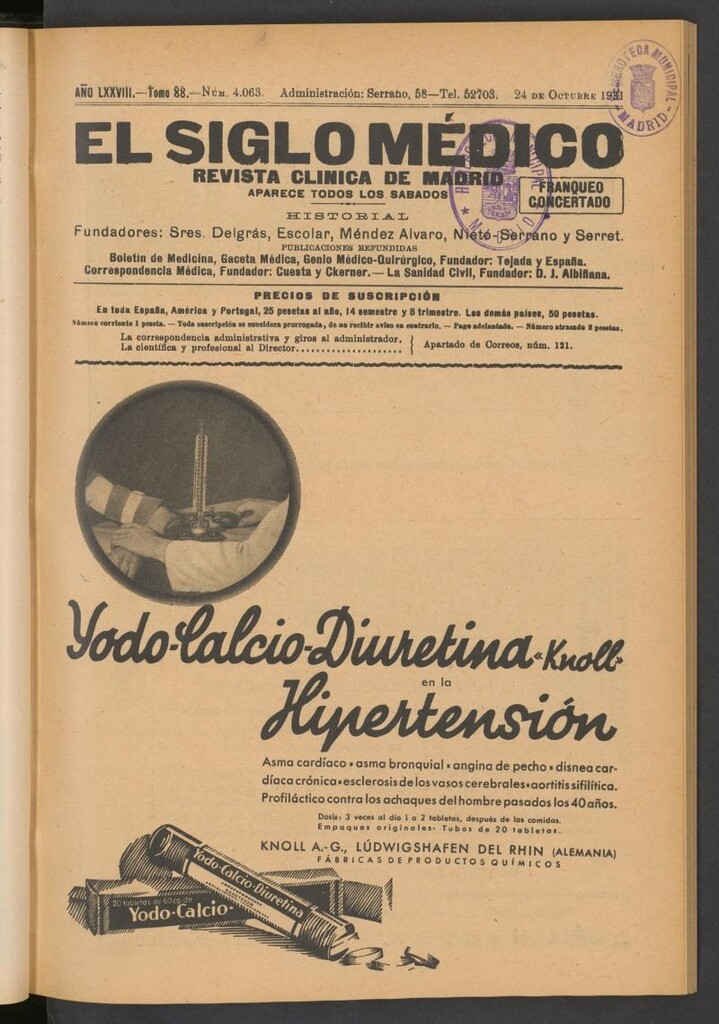 Miniatura de El Siglo Médico: boletín de medicina y gaceta médica del 24 de octubre de 1931