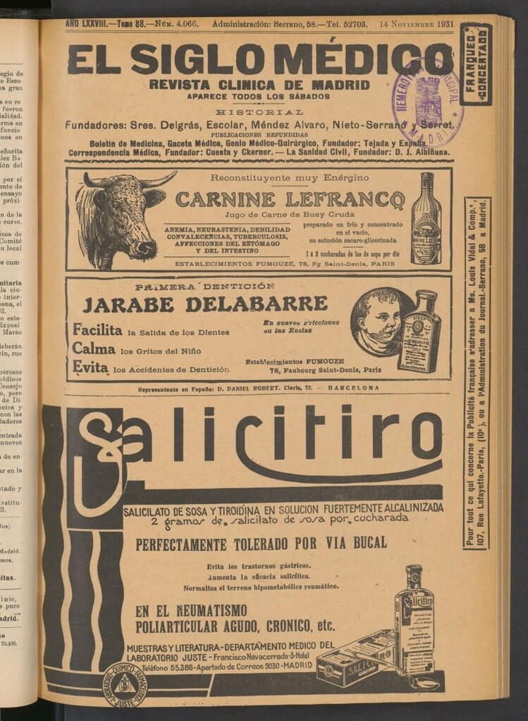 Miniatura de El Siglo Médico: boletín de medicina y gaceta médica del 14 de noviembre de 1931