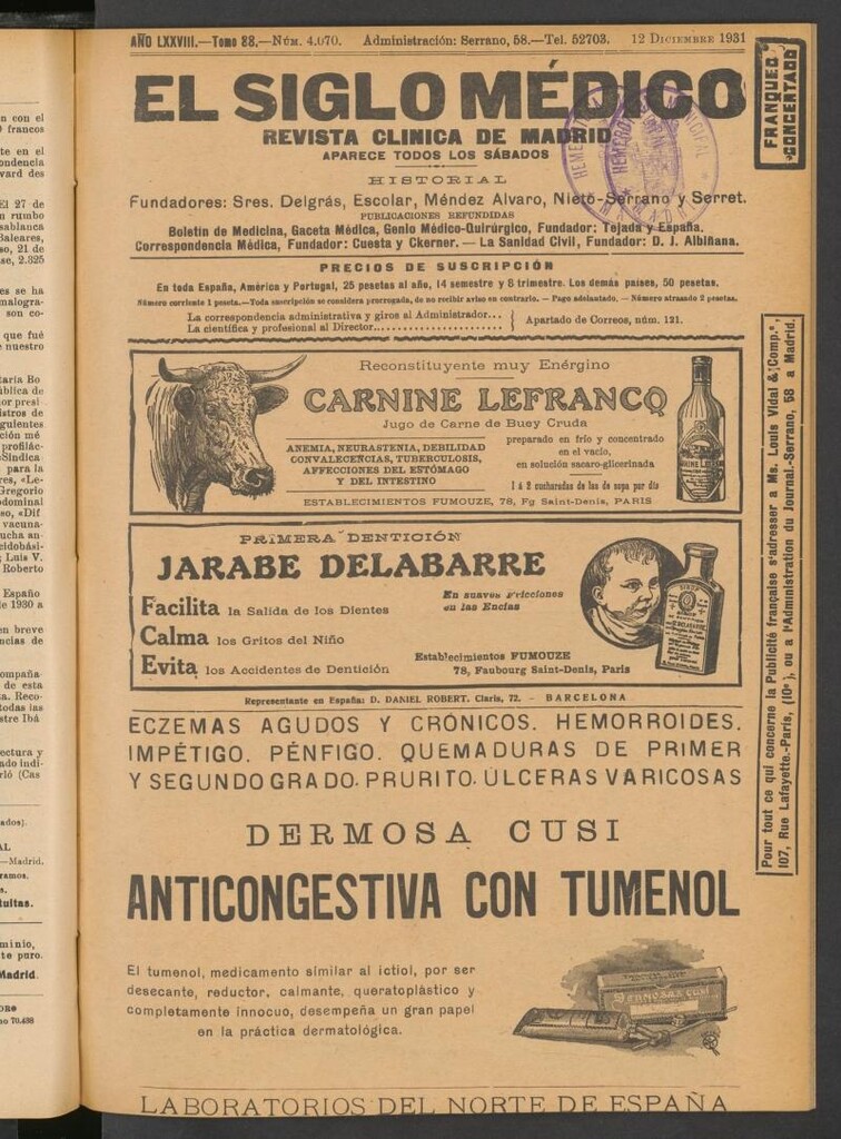 Miniatura de El Siglo Médico: boletín de medicina y gaceta médica del 12 de diciembre de 1931
