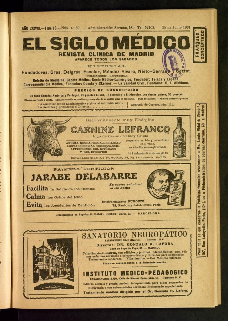 Miniatura de El Siglo Médico : boletín de medicina y gaceta médica del 25 de julio de 1931