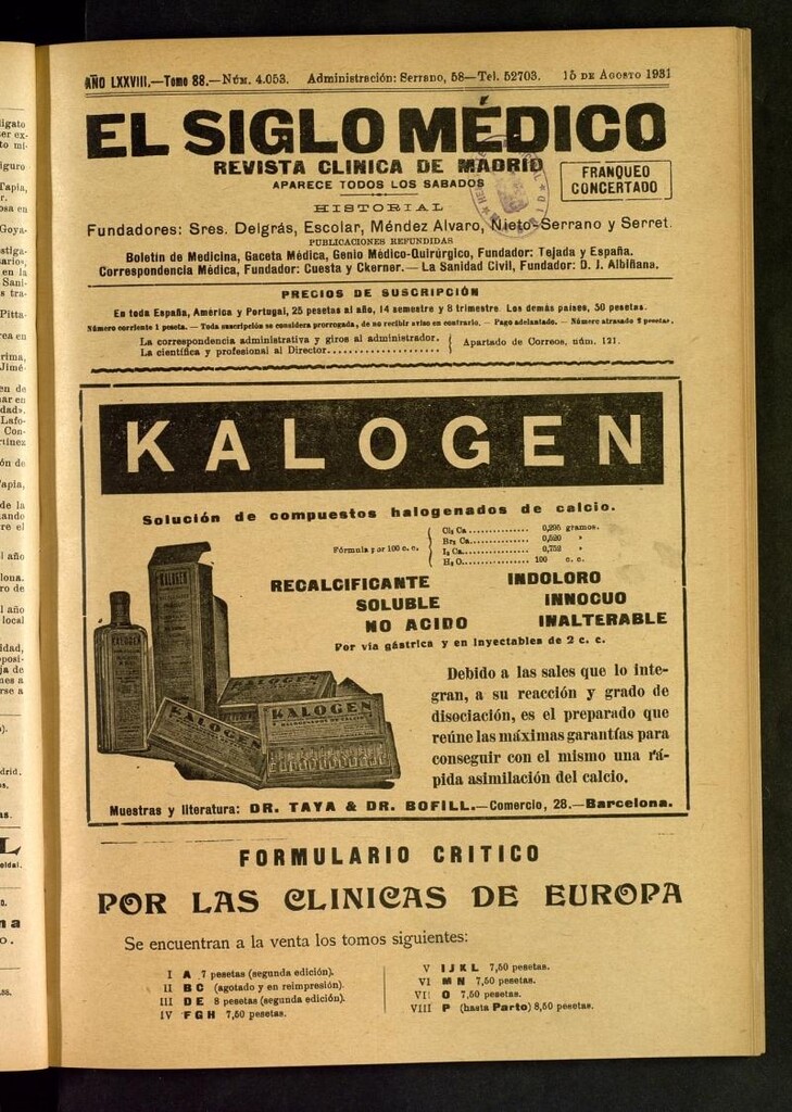 Miniatura de El Siglo Médico : boletín de medicina y gaceta médica del 15 de agosto de 1931