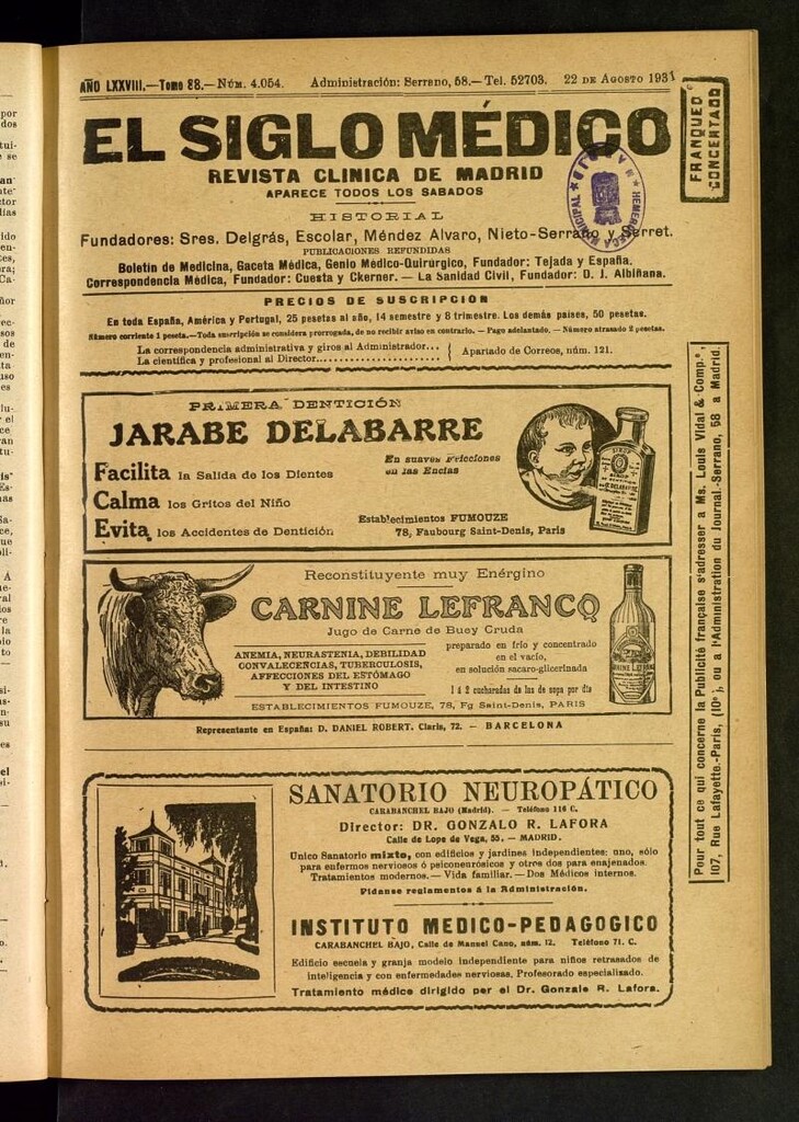Miniatura de El Siglo Médico : boletín de medicina y gaceta médica del 22 de agosto de 1931
