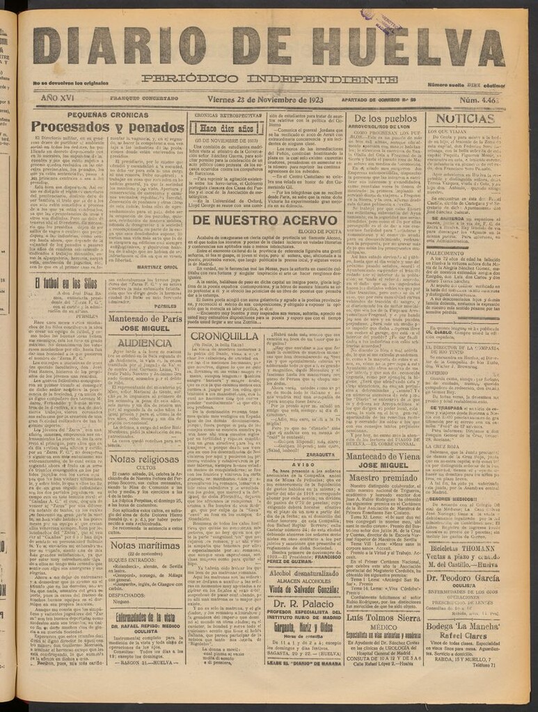Miniatura de Diario de Huelva : periódico independiente del 23 de noviembre de 1923