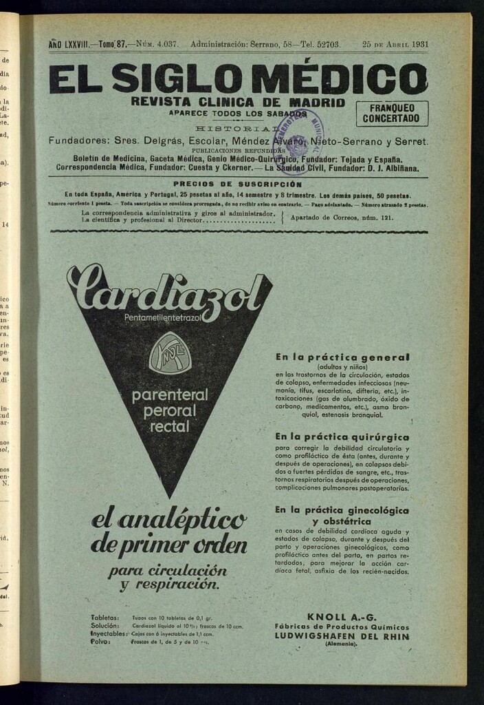 Miniatura de El Siglo Médico : boletín de medicina y gaceta médica del 25 de abril de 1931