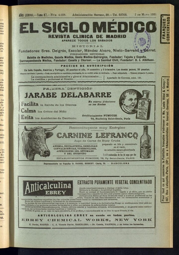 Miniatura de El Siglo Médico : boletín de medicina y gaceta médica del 2 de mayo de 1931