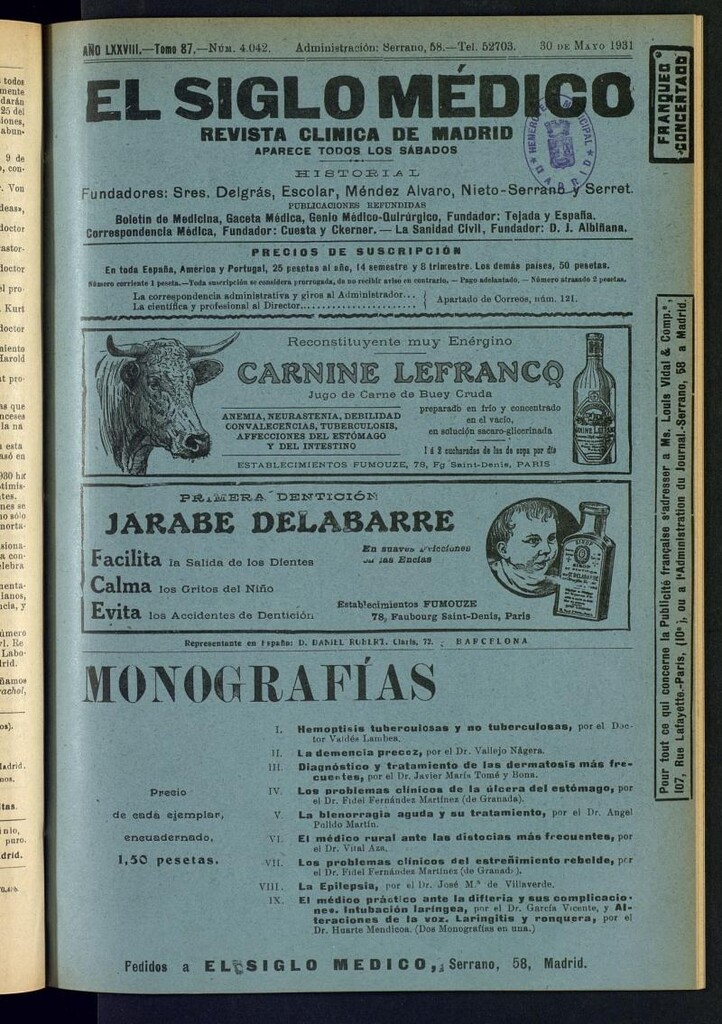 Miniatura de El Siglo Médico : boletín de medicina y gaceta médica del 30 de mayo de 1931