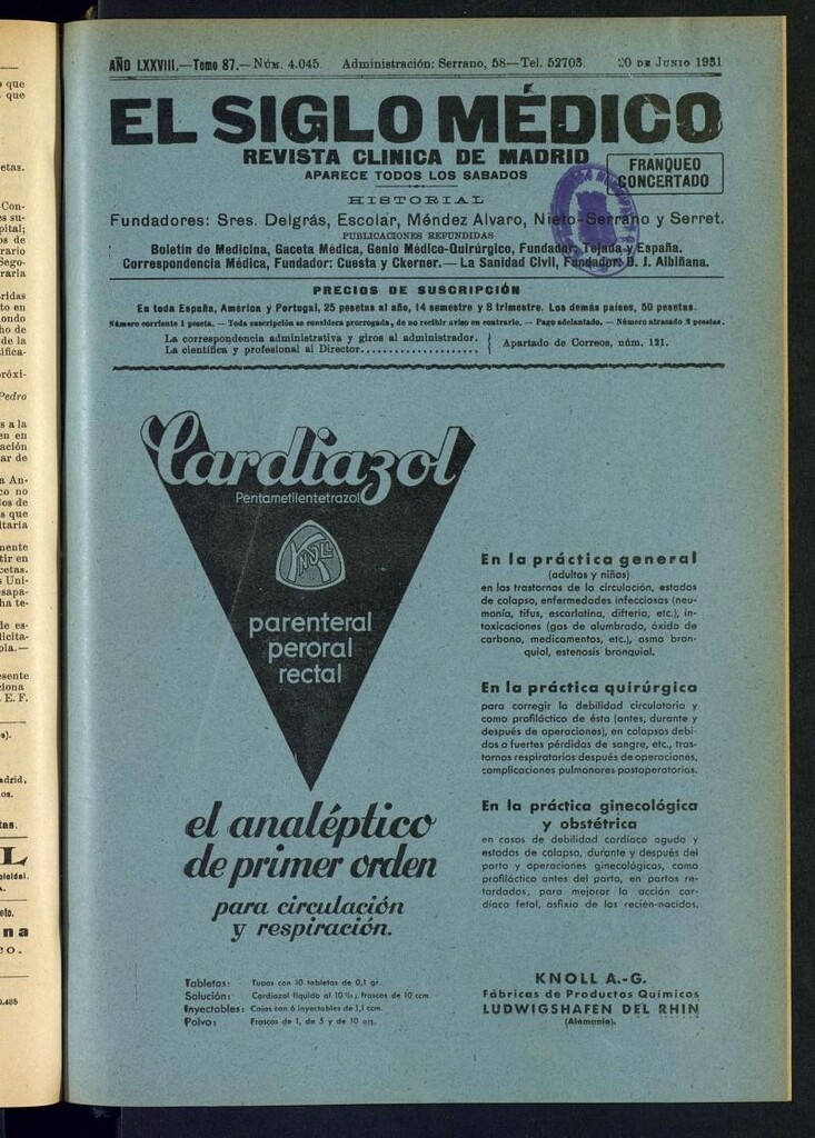 Miniatura de El Siglo Médico : boletín de medicina y gaceta médica del 20 de junio de 1931