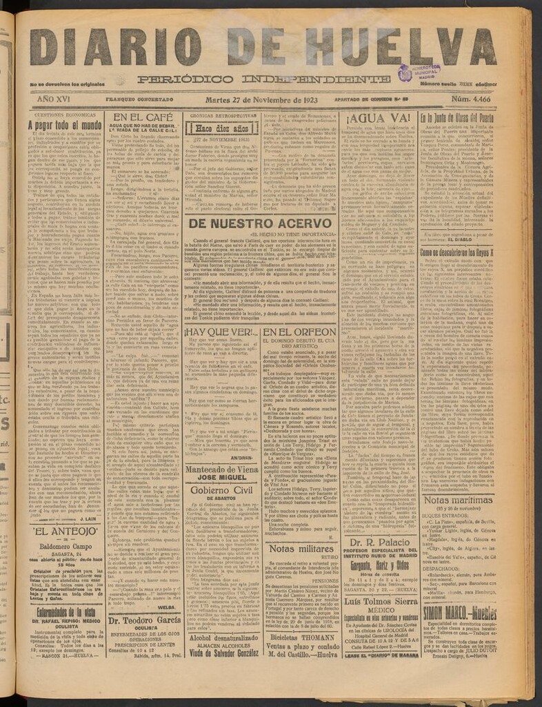 Miniatura de Diario de Huelva : periódico independiente del 27 de noviembre de 1923