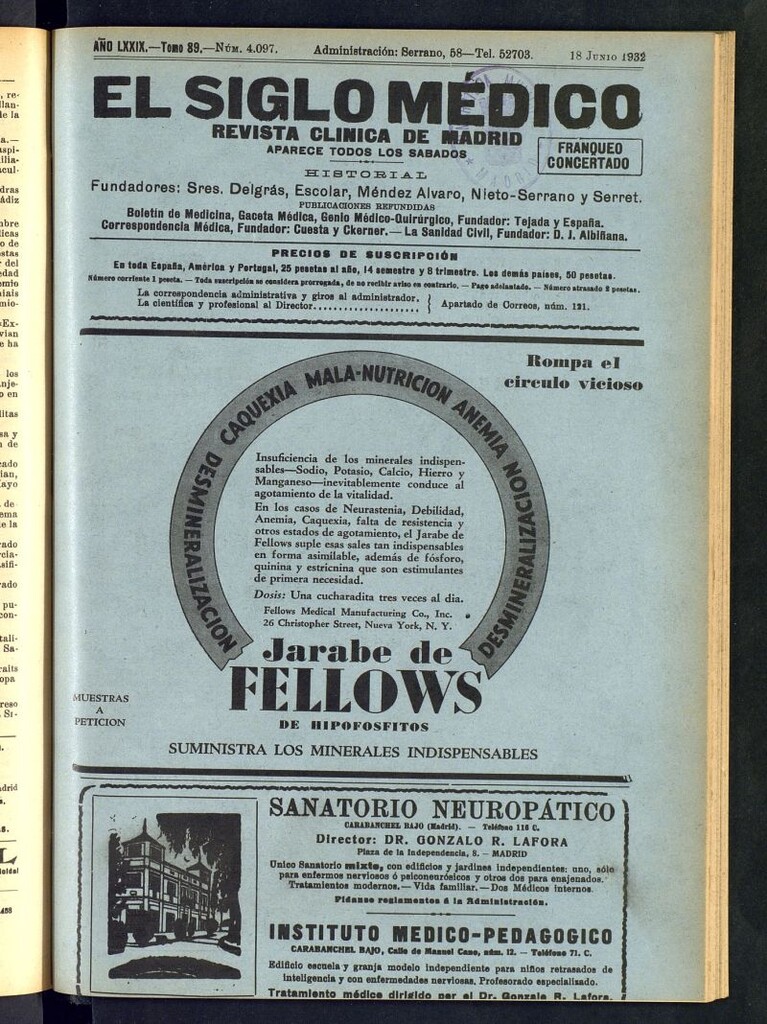 Miniatura de El Siglo médico : boletín de medicina y gaceta médica del 18 de junio de 1932