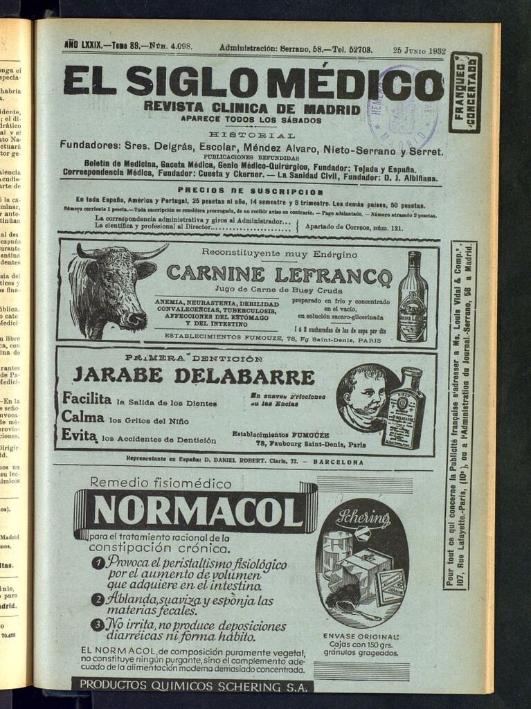 Miniatura de El Siglo médico : boletín de medicina y gaceta médica del 25 de junio de 1932
