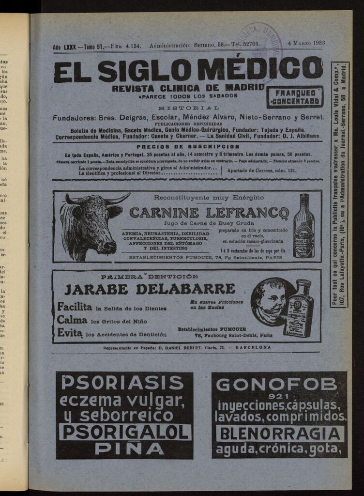 Miniatura de El Siglo médico: boletín de medicina y gaceta médica del 4 de marzo de 1933