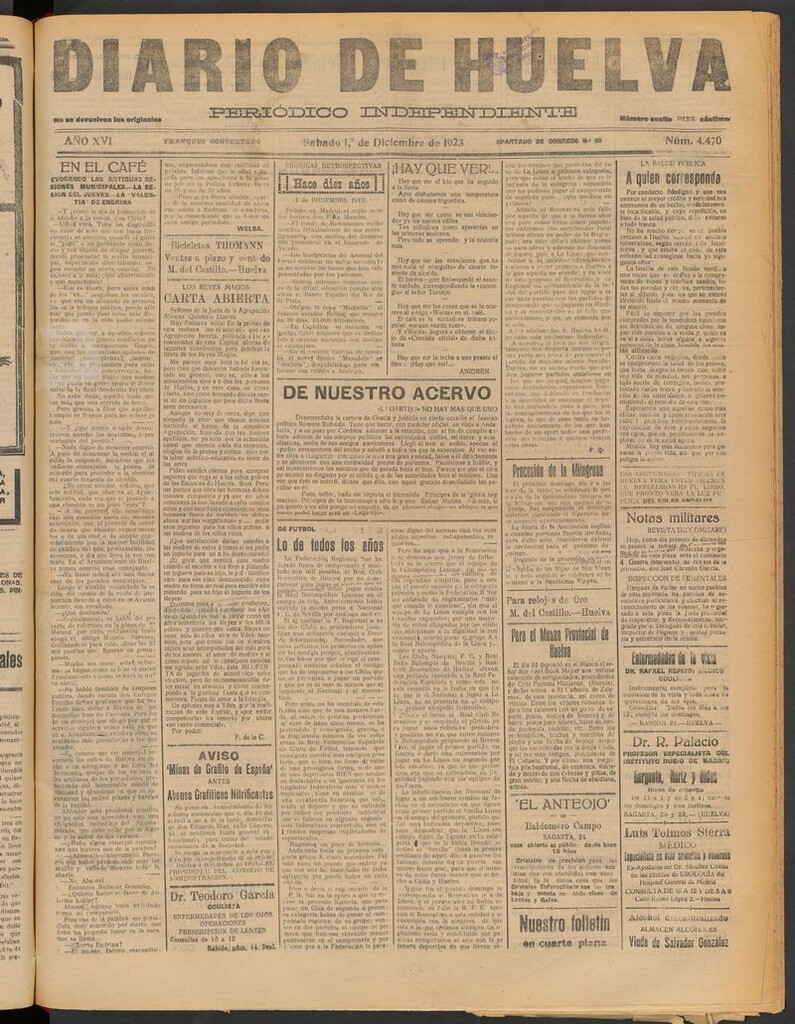 Miniatura de Diario de Huelva : periódico independiente del 1 de diciembre de 1923