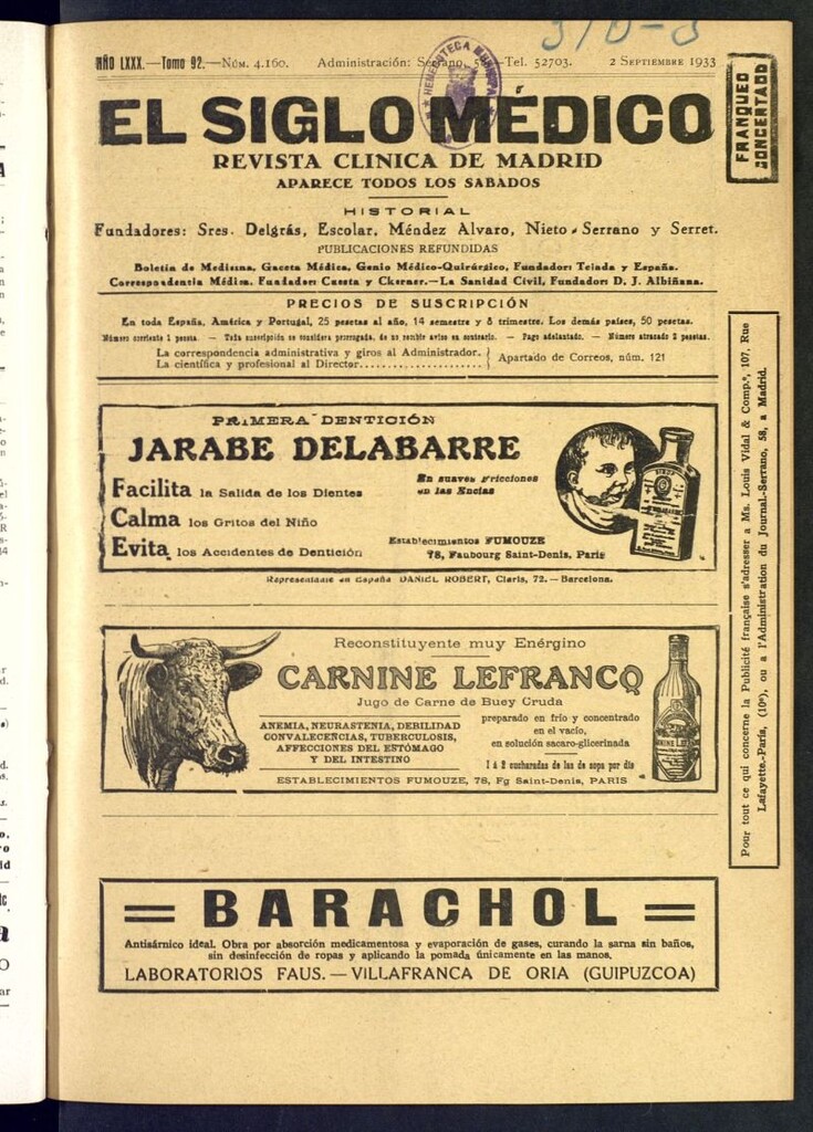 Miniatura de El Siglo médico : boletín de medicina y gaceta médica del 2 de septiembre de 1933