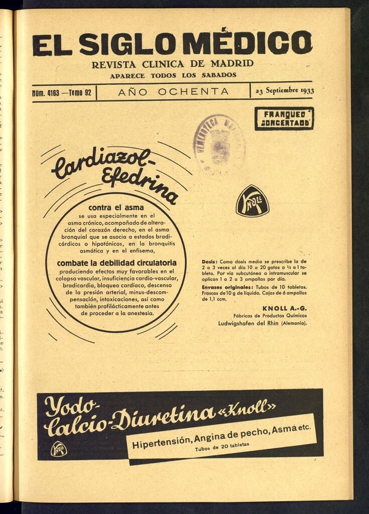 Miniatura de El Siglo médico : boletín de medicina y gaceta médica del 23 de septiembre de 1933