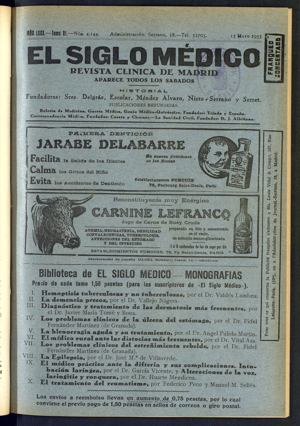 Miniatura de El Siglo médico : boletín de medicina y gaceta médica del 13 de mayo de 1933
