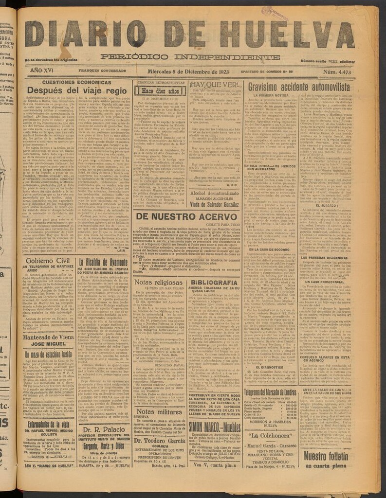 Miniatura de Diario de Huelva : periódico independiente del 5 de diciembre de 1923