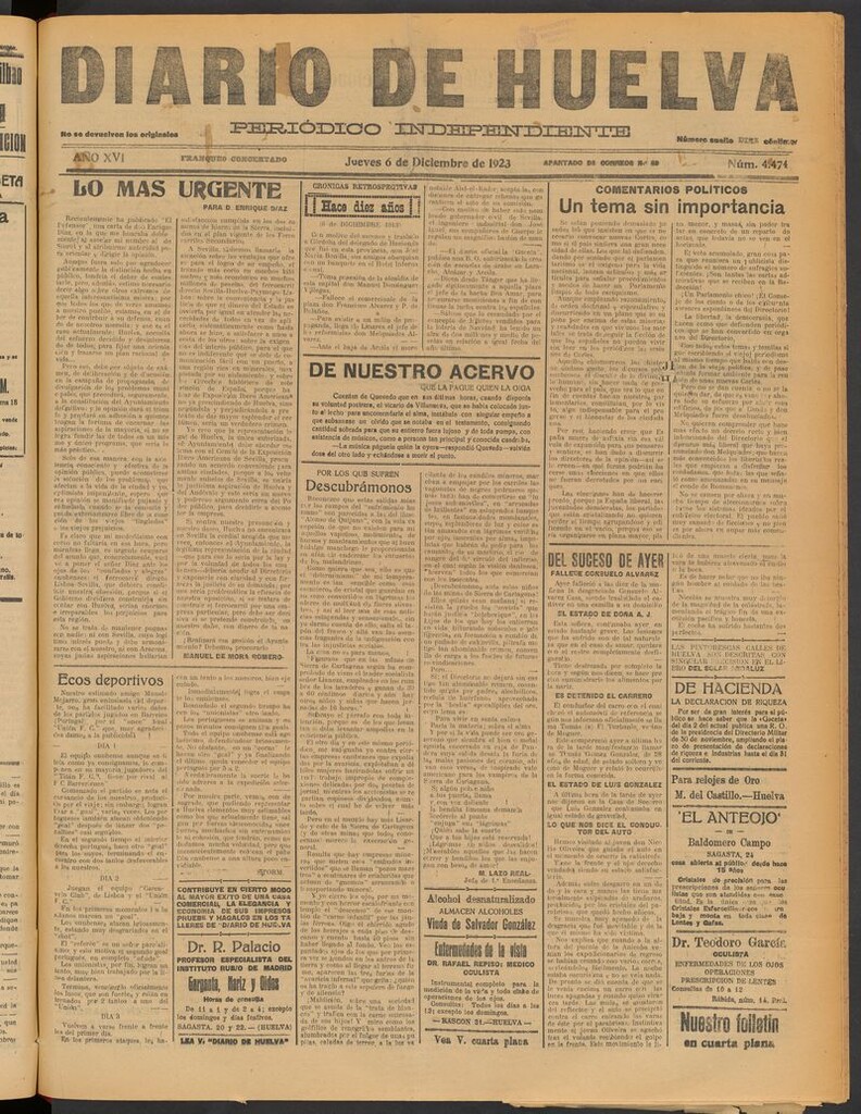 Miniatura de Diario de Huelva : periódico independiente del 6 de diciembre de 1923
