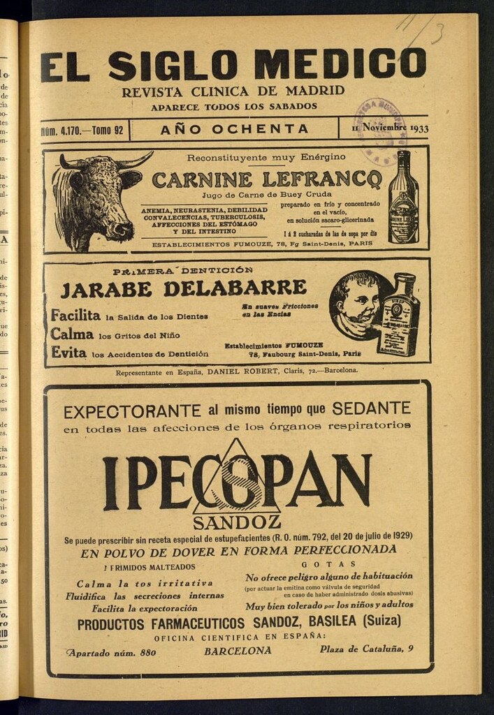 Miniatura de El Siglo médico : boletín de medicina y gaceta médica del 11 de noviembre de 1933