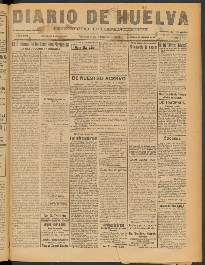 Miniatura de Diario de Huelva : periódico independiente del 7 de diciembre de 1923