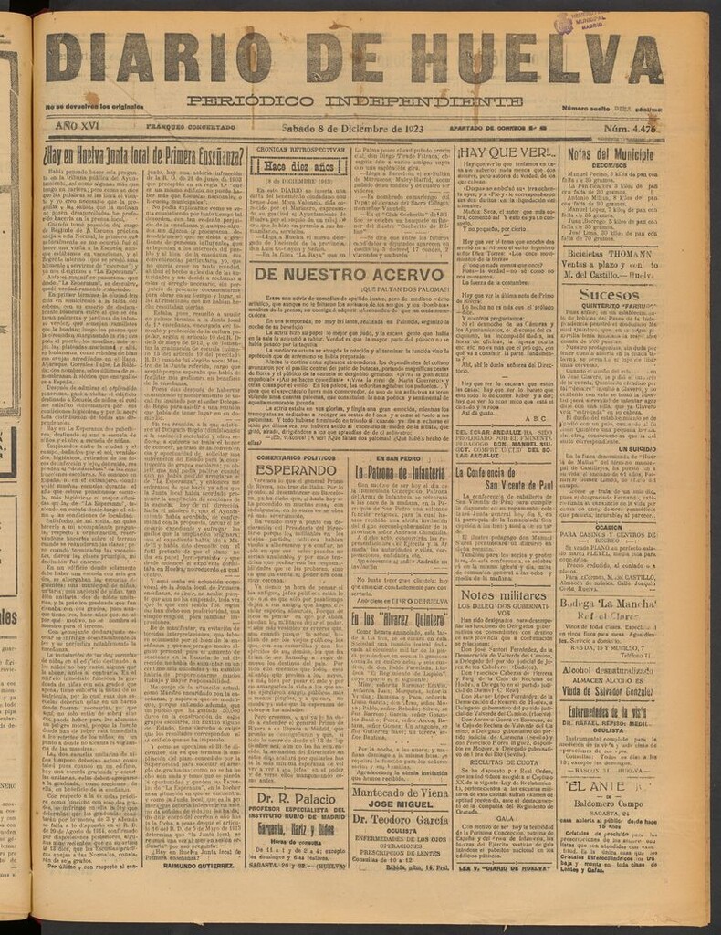 Miniatura de Diario de Huelva : periódico independiente del 8 de diciembre de 1923
