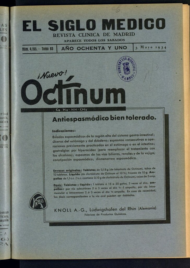 Miniatura de El Siglo médico : boletín de medicina y gaceta médica del 5 de mayo de 1934