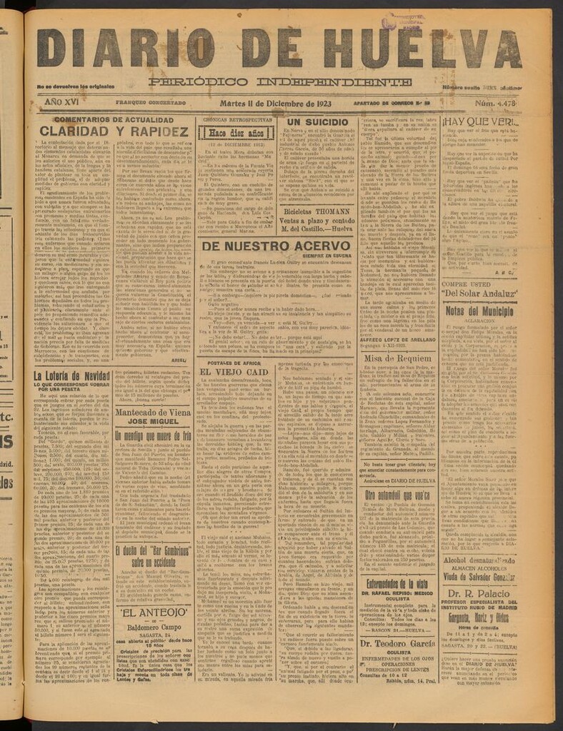 Miniatura de Diario de Huelva : periódico independiente del 11 de diciembre de 1923