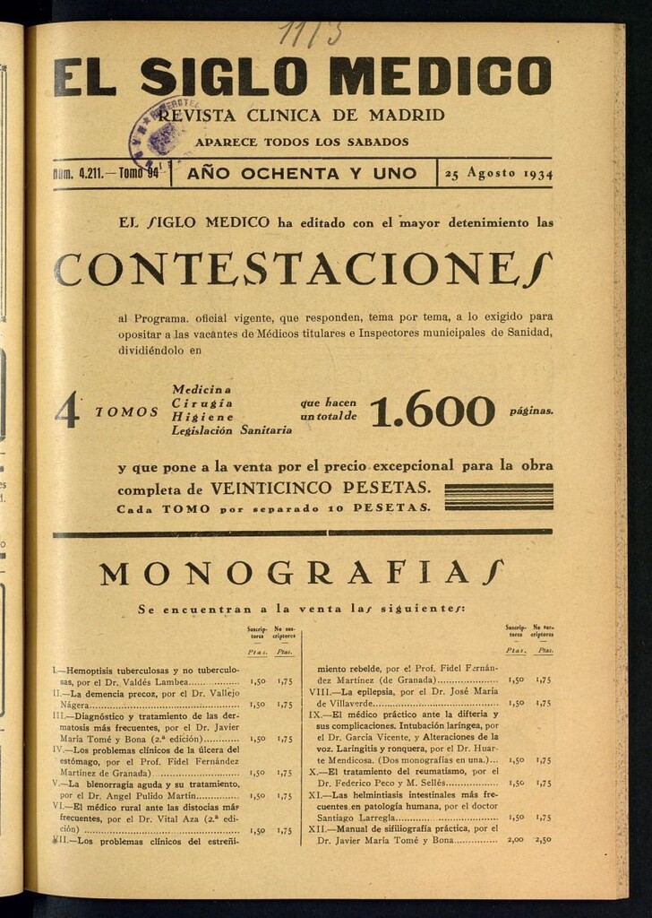 Miniatura de El Siglo médico  : boletín de medicina y gaceta médica del 25 de agosto de 1934