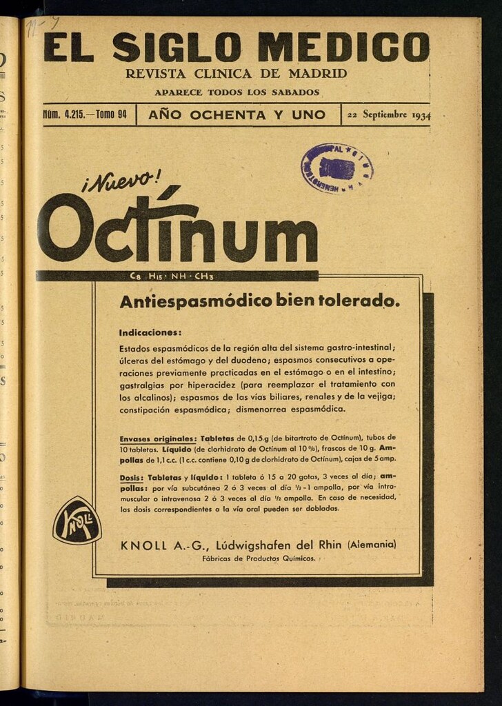 Miniatura de El Siglo médico  : boletín de medicina y gaceta médica del 22 de septiembre de 1934