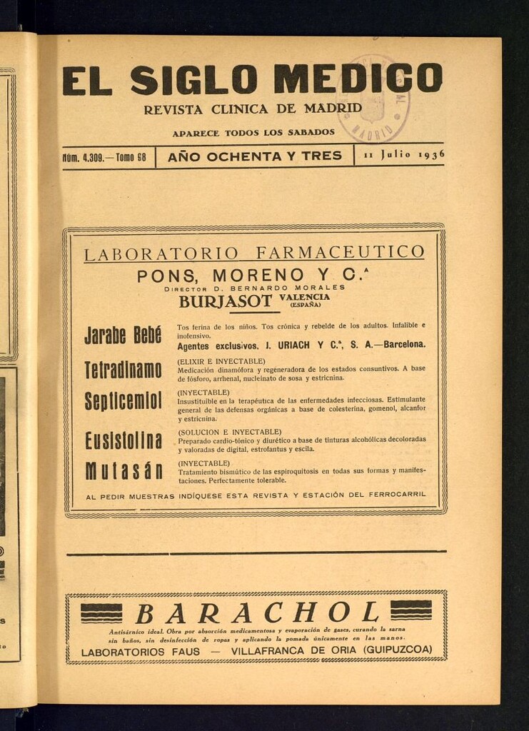 Miniatura de El Siglo médico : boletín de medicina y gaceta médica del 11 de julio de 1936