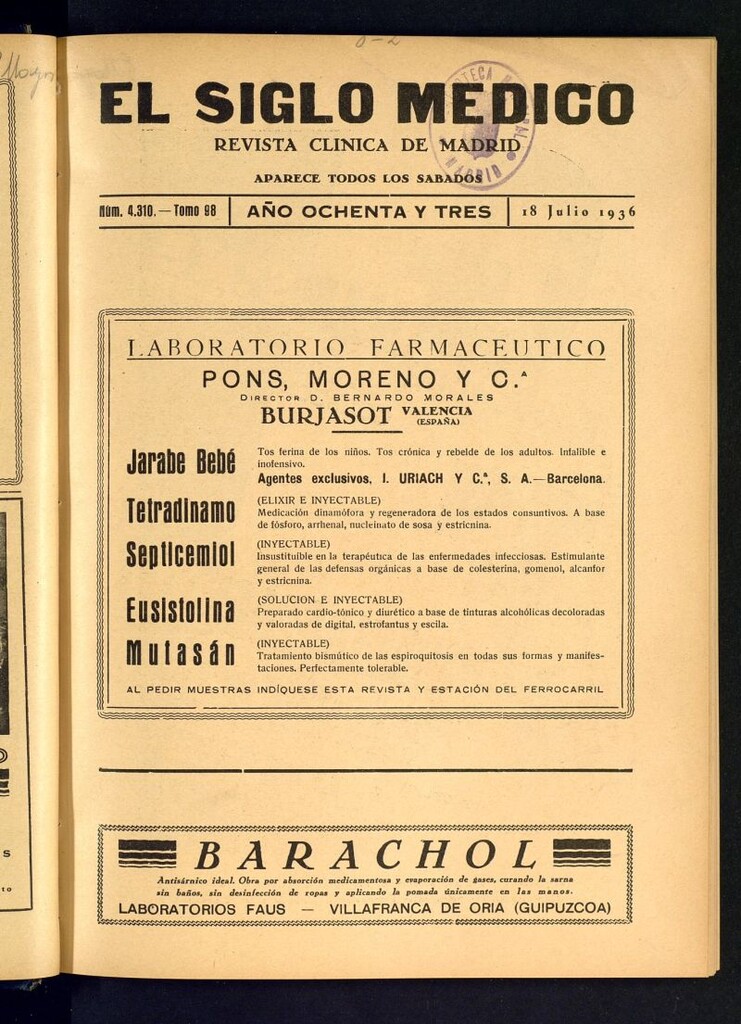 Miniatura de El Siglo médico : boletín de medicina y gaceta médica del 18 de julio de 1936