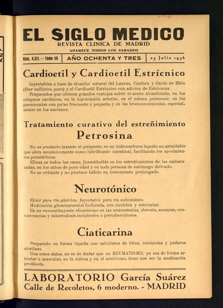 Miniatura de El Siglo médico : boletín de medicina y gaceta médica del 25 de julio de 1936