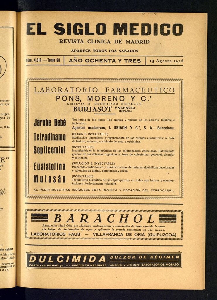 Miniatura de El Siglo médico : boletín de medicina y gaceta médica del 15 de agosto de 1936