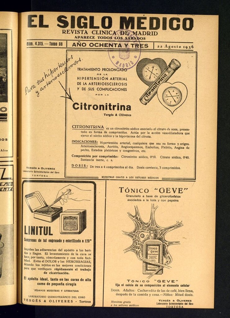 Miniatura de El Siglo médico : boletín de medicina y gaceta médica del 22 de agosto de 1936