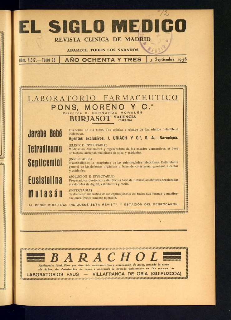 Miniatura de El Siglo médico : boletín de medicina y gaceta médica del 5 de septiembre de 1936