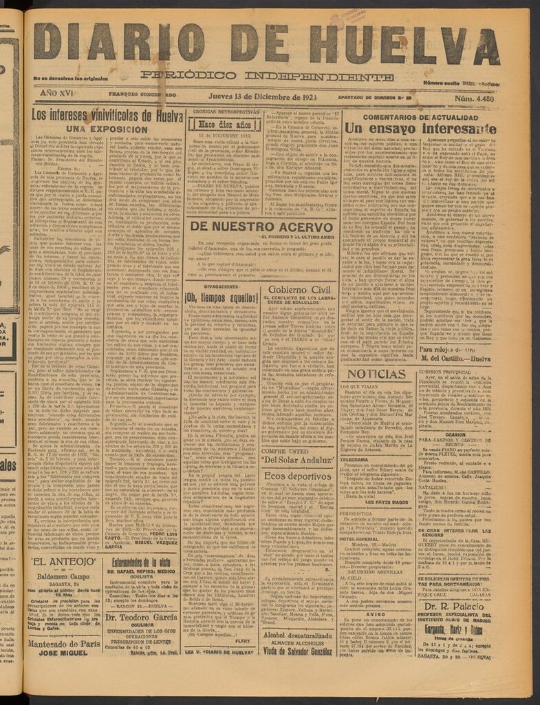 Miniatura de Diario de Huelva : periódico independiente del 13 de diciembre de 1923