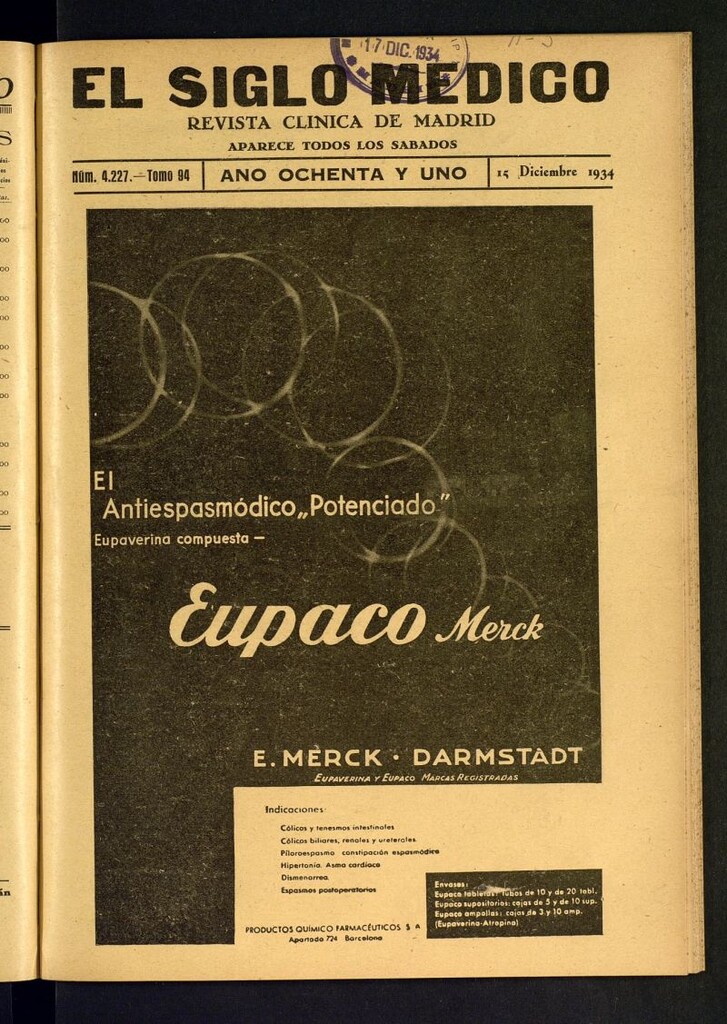 Miniatura de El Siglo médico  : boletín de medicina y gaceta médica del 15 de diciembre de 1934