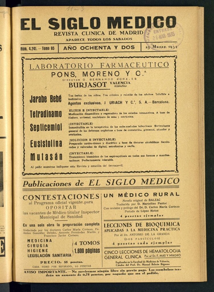 Miniatura de El Siglo médico : boletín de medicina y gaceta médica del 23 de marzo de 1935