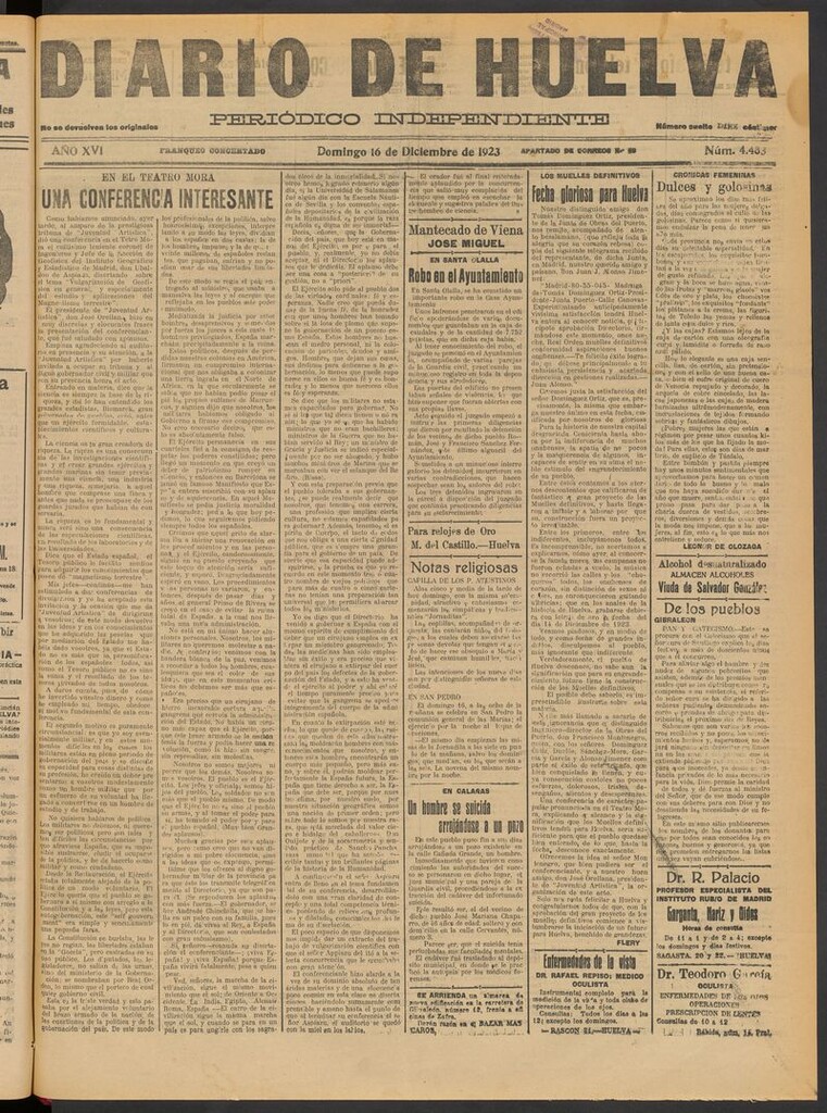 Miniatura de Diario de Huelva : periódico independiente del 16 de diciembre de 1923