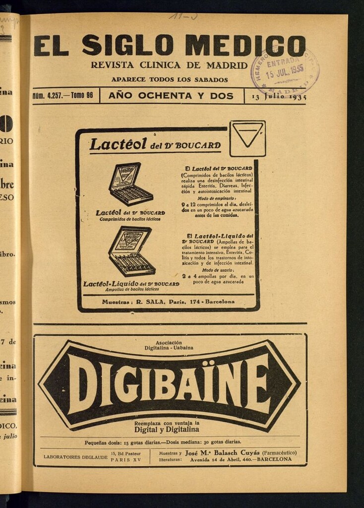 Miniatura de El Siglo médico : boletín de medicina y gaceta médica del 13 de julio de 1935