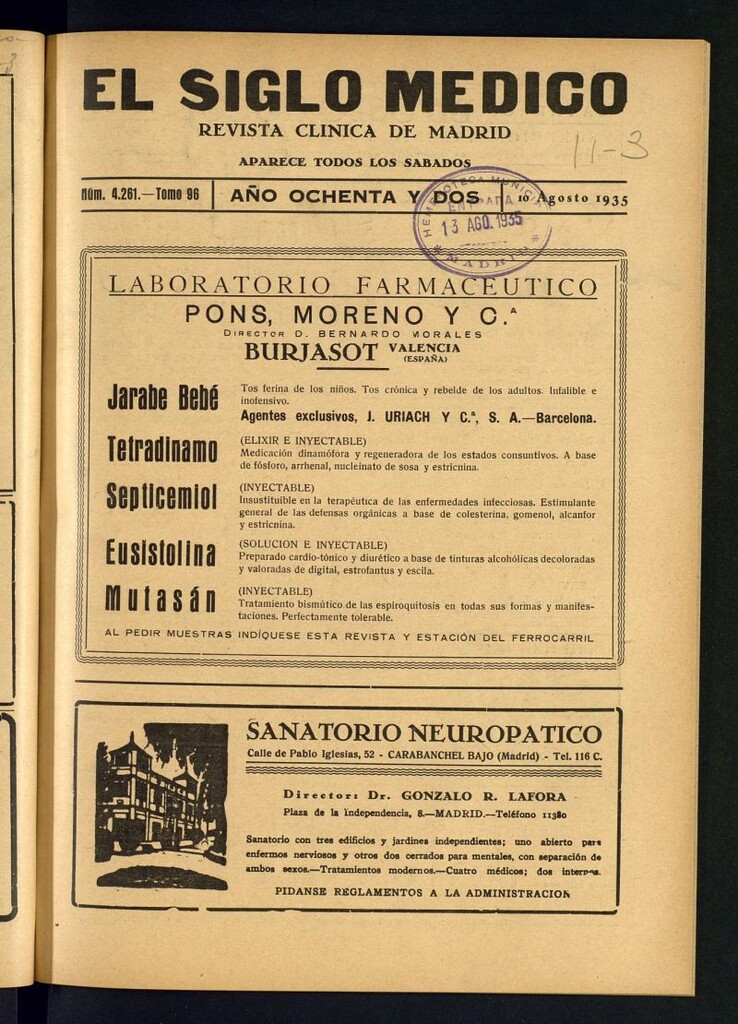 Miniatura de El Siglo médico : boletín de medicina y gaceta médica del 10 de agosto de 1935