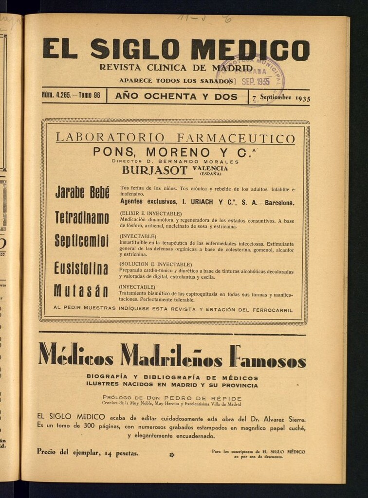 Miniatura de El Siglo médico : boletín de medicina y gaceta médica  del 7 de septiembre de 1935