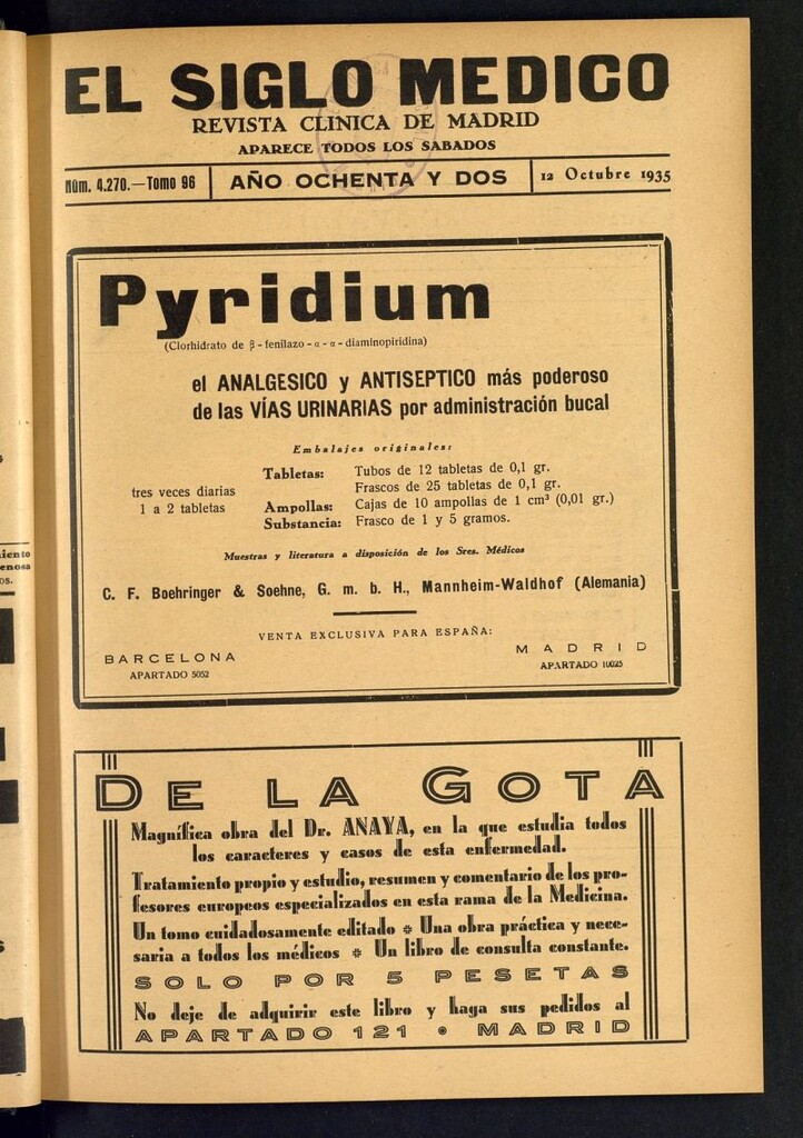 Miniatura de El Siglo médico : boletín de medicina y gaceta médica del 12 de octubre de 1935
