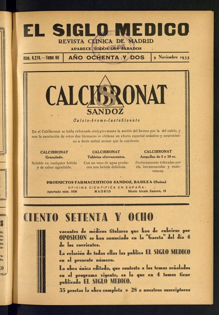 Miniatura de El Siglo médico : boletín de medicina y gaceta médica del 9 de noviembre de 1935