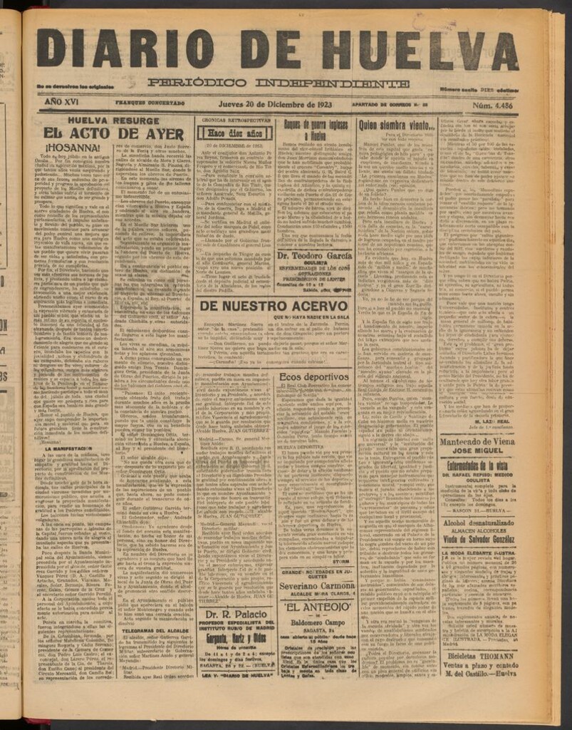 Miniatura de Diario de Huelva : periódico independiente del 20 de diciembre de 1923