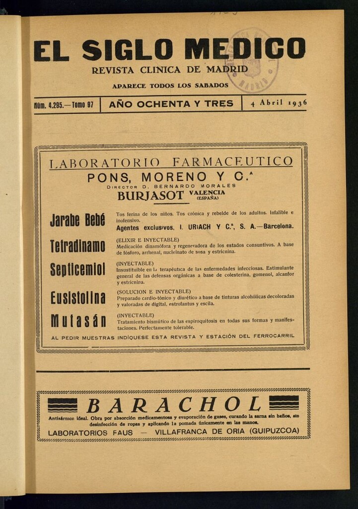 Miniatura de El Siglo médico : boletín de medicina y gaceta médica del 4 de abril de 1936