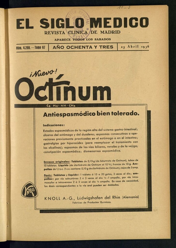Miniatura de El Siglo médico : boletín de medicina y gaceta médica del 25 de abril de 1936