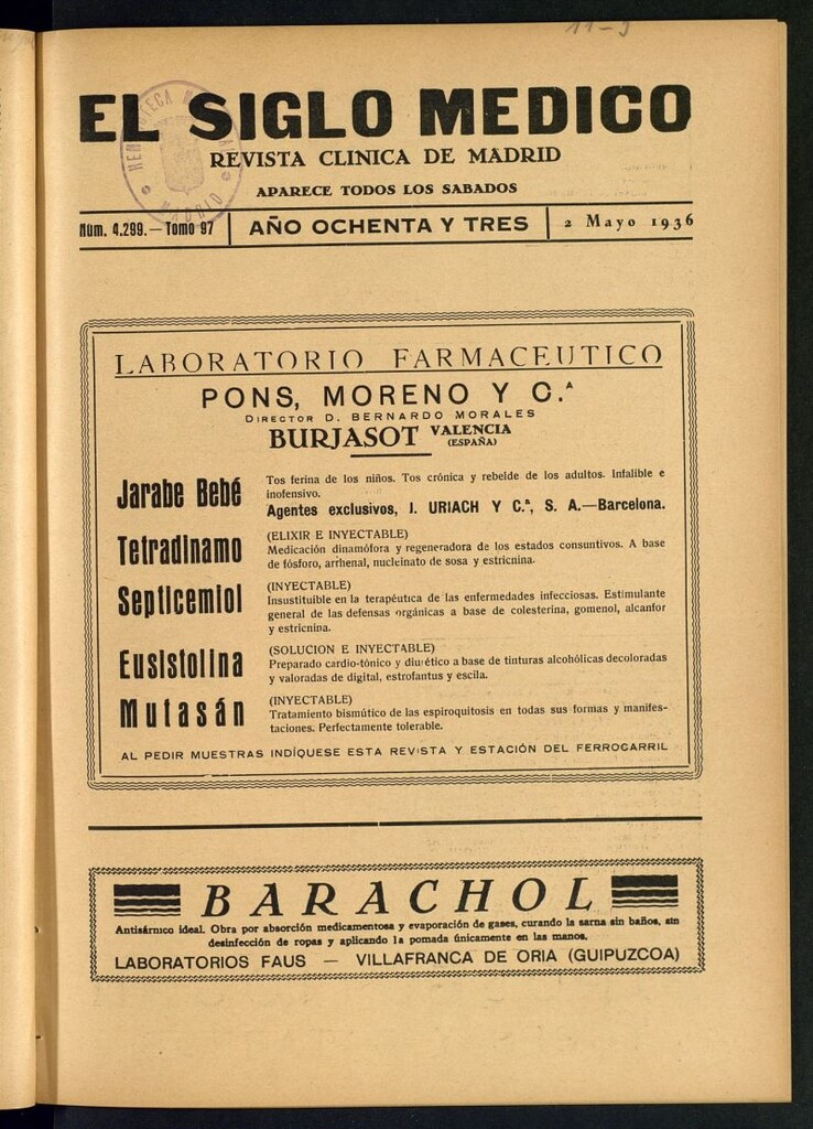 Miniatura de El Siglo médico : boletín de medicina y gaceta médica del 2 de mayo de 1936