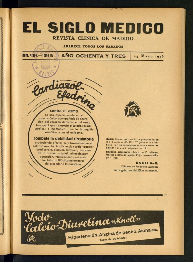 Miniatura de El Siglo médico : boletín de medicina y gaceta médica del 23 de mayo de 1936